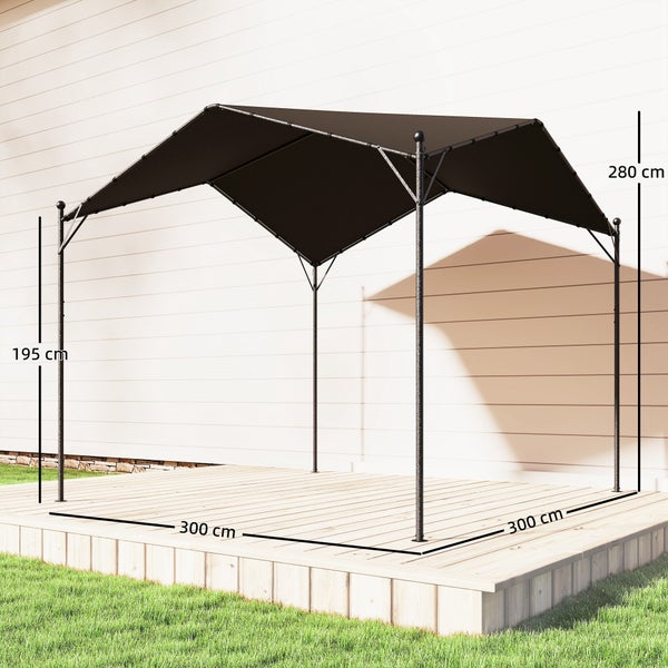 Pavillon 300 mal 300 Zentimeter, Metallgestell mit Stoffdach in Anthrazit, Durchgangshöhe 195 Zentimeter, Gesamthöhe 280 Zentimeter.