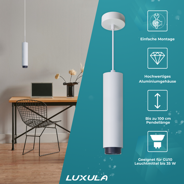 Weiße Aluminium Hängelampe mit einfacher Montage und bis zu 100 cm Pendellänge, geeignet für GU10 Leuchtmittel bis 35 Watt