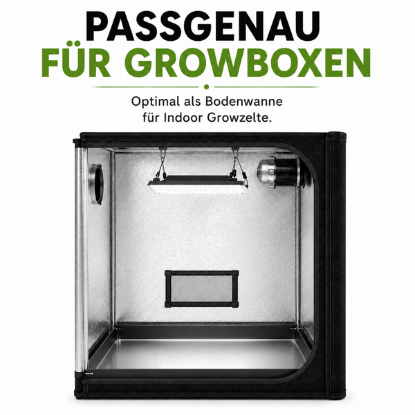 Innenansicht eines Growzeltes mit Bodenwanne, Pflanzenlampe und Lüfter.