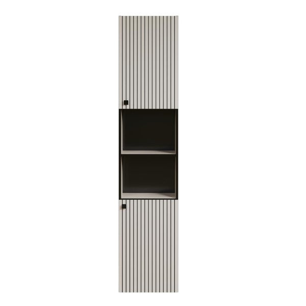 Hoher Badezimmerschrank mit Lamellenfront und offenen Ablagefächern in der Mitte.