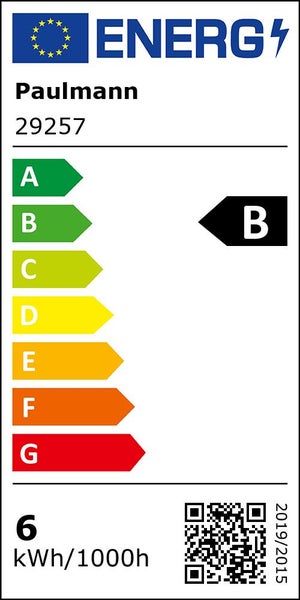 Europäisches Energielabel für Paulmann 29257, Energieeffizienzklasse B, 6 Kilowattstunden pro 1000 Stunden.