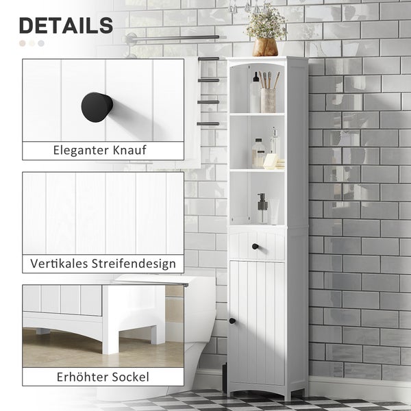 HOMCOM Badezimmerschrank Hochschrank mit 3 Regalen, 1 Schublade Badschrank Badregal Bad Schrank Badmöbel, Weiß, 34x24x170,5cm