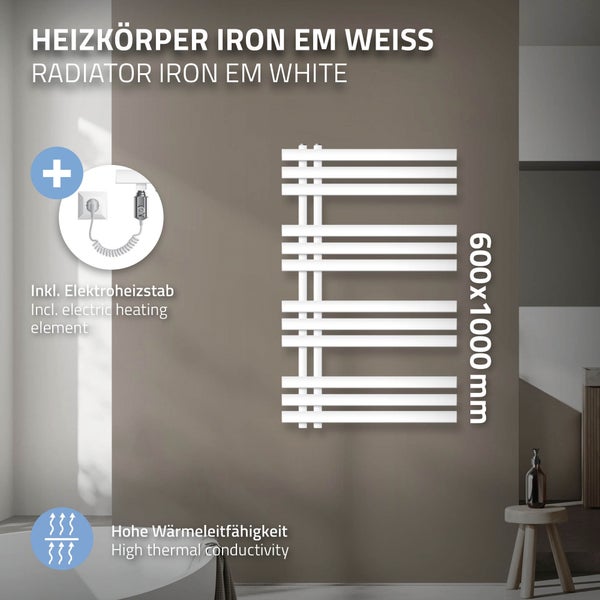 ECD Germany Iron EM Design Badheizkörper Elektrisch 600 x 1000 mm Weiß mit Heizstab 600W Weiß Große Leistung - Elektro Designheizkörper Paneelheizkörper Heizkörper Handtuchwärmer Handtuchtrockner