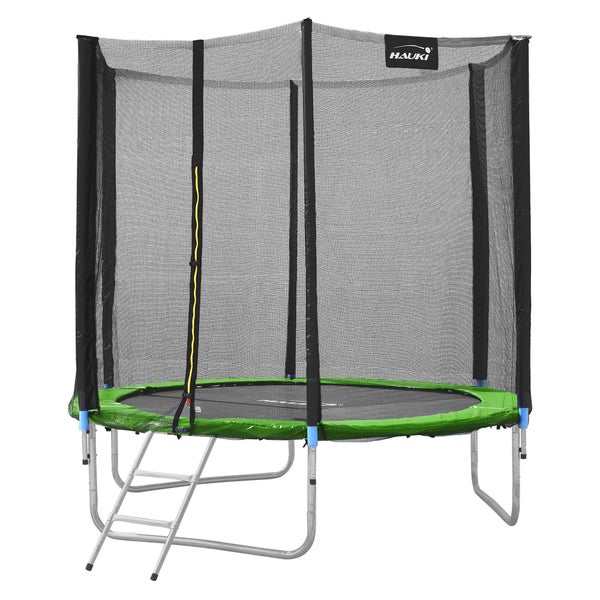 Hauki Trampolin Outdoor, Ø183 cm, Grün, GS geprüft, Rundes Gartentrampolin für Kinder bis 100 kg, Komplettset mit Sicherheitsnetz, Leiter, Randabdeckung, Gepolsterte Stangen, Stabile Kindertrampolin