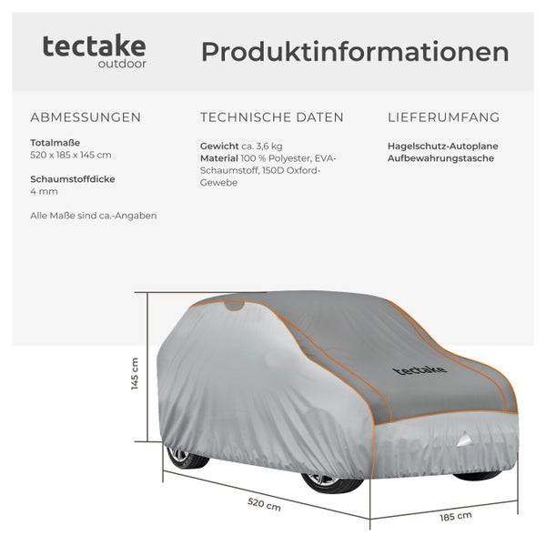 Technische Informationen zur tectake Hagelschutz Autoplane, inklusive Abmessungen, Materialinformationen und Lieferumfang
