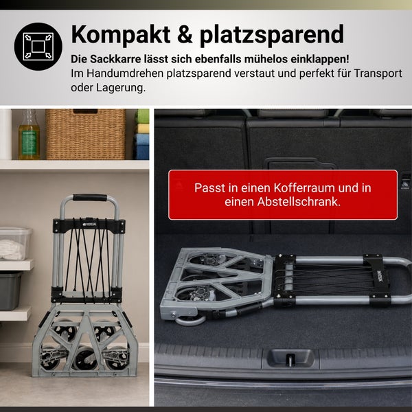 Zusammengeklappte Sackkarre, platzsparend im Schrank und flach im Kofferraum. Proregal Logo. Symbol für kompakte Lagerung.