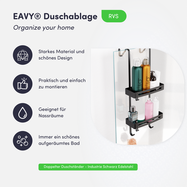 EAVY Duschablage Edelstahl Schwarz ohne Bohren 2 Etagen