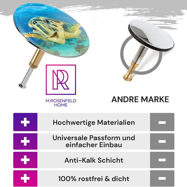 M. ROSENFELD HOME Badewannenstöpsel mit Motiv Schildkröte - Turtle - Stöpsel Badewanne 72mm Universal Badewannenstöpsel aus Messing mit Doppel Dichtung