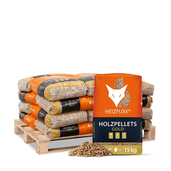 Heizfuxx Holzpellets Gold auf Palette, 15 Kilogramm pro Sack