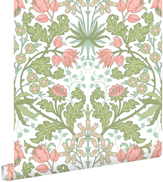 ESTAhome Tapete Blumenmuster im Jugendstil Grün und Rosa - 50 x 900 cm - 131179