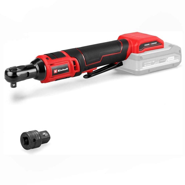 Einhell Akku-Ratschenschrauber in Rot und Schwarz mit Adapter aus der Power X-Change Serie.