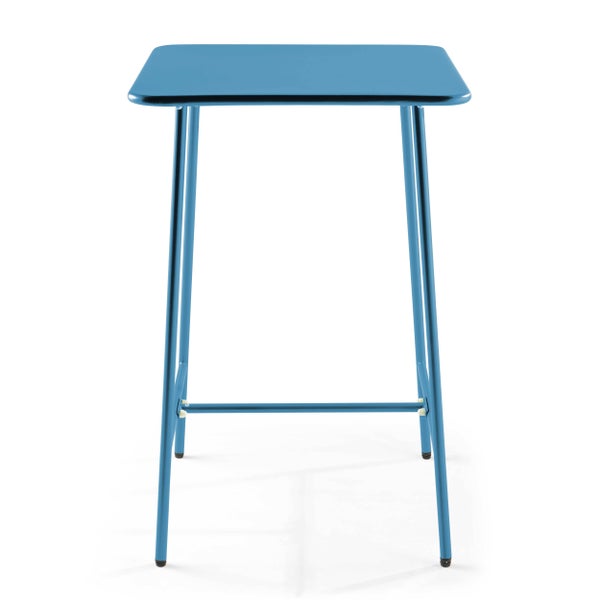Hoher quadratischer Stehtisch aus blauem Metall für den Garten oder die Terrasse.