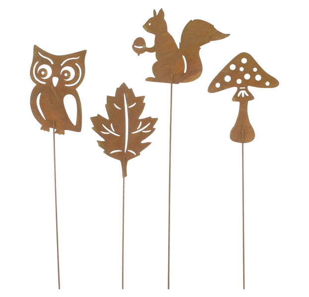 Gartenstecker-Set mit Eule, Blatt, Eichhörnchen und Pilz als Dekoration für den Garten