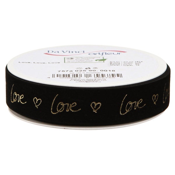 Rolle schwarzes Dekoband mit der Aufschrift Liebe und Herzen