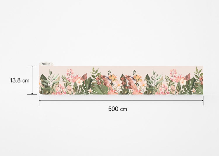 Tapetenborte mit floralem Muster aus Blumen und Blättern, Höhe 13,8 Zentimeter, Länge 500 Zentimeter.