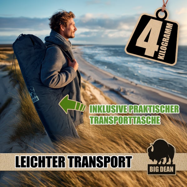 Leichter Transport mit praktischer Transporttasche. Gewicht: 4 Kilogramm. Big Dean Logo.