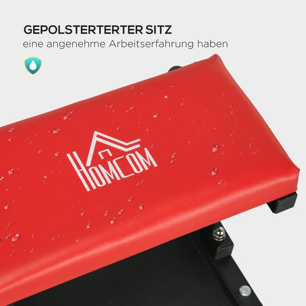 HOMCOM Werkstatthocker Arbeitshocker mit Ablage, Gepolstert Sitzkissen, Montagehocker für Garage, Werkstatt, Stahl, Rot