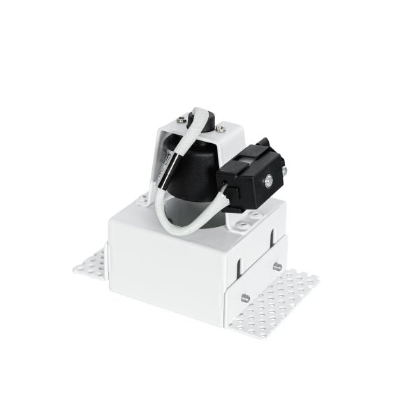 Verstellbarer Einbaurahmen für Einbaustrahler aus weißem Metall mit schwarzer Fassung und Anschlussklemme.