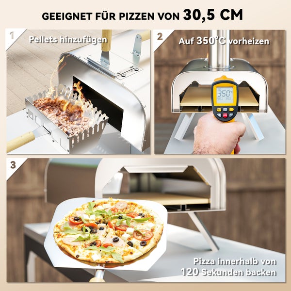 Outsunny Outdoor Pizzaofen Holzbefeuerter Pizza Ofen aus Edelstahl, Backofen mit 1cm dick Pizzastein Klappbein Pizzaschaufel Deckel Tragbarer Holzofen Pizzaöfen für Camping Garten Party
