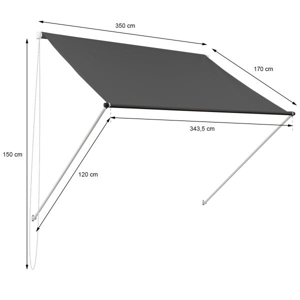 ML-Design Markise 350 x 120 cm, Anthrazit, 50+ UV-Schutz, aus Metall und Polyester, Seilzug, Schattenspender Fenster, Einziehbar Klemmmarkise Balkonmarkise Spannmarkise Sonnenschutz Windschutz