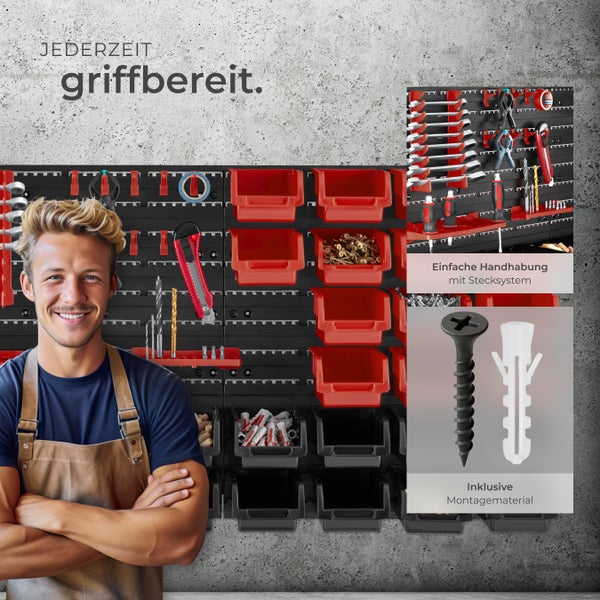 Kleinteilemagazin tectake  inklusive Halterungen für Werkzeug und Zubehör 44-teilig, mit 2 Wandplatten schwarz