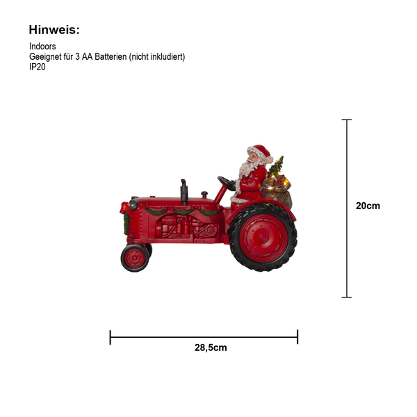 Dekorative Weihnachtsfigur: Weihnachtsmann auf rotem Traktor, geeignet für den Innenbereich