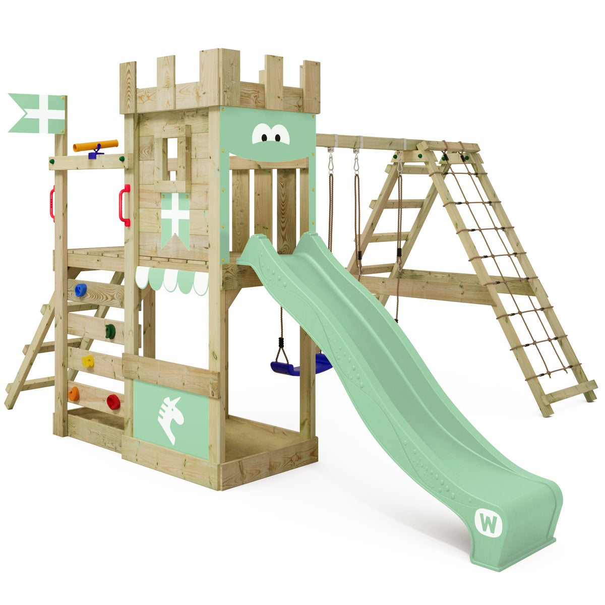 WICKEY Spielturm Ritterburg DragonFlyer mit Schaukel und Rutsche, Spielhaus mit Sandkasten, Kletterleiter und Spiel-Zubehör – pastellgrün