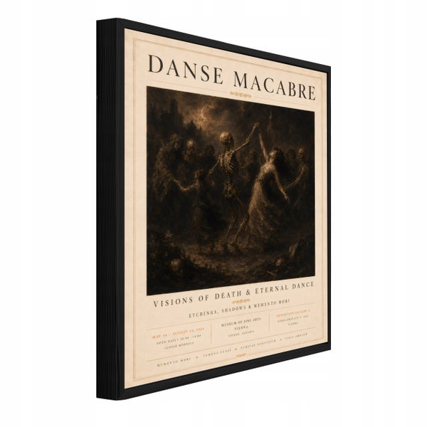 Gerahmtes Wandbild mit Danse Macabre Motiv, Kunstdruck in einem schmalen schwarzen Rahmen, perspektivische Ansicht.
