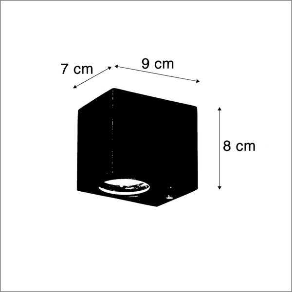 Maße der würfelförmigen Wandleuchte: Breite 9 Zentimeter, Tiefe 7 Zentimeter und Höhe 8 Zentimeter.