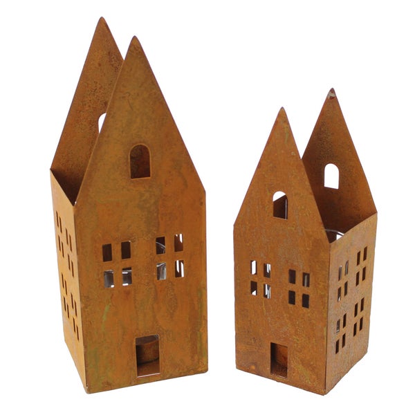 FRANK FLECHTWAREN | Windlicht Rostoptik, 2er Set, METALL, 6 x 6 x 18 cm, 8 x 8 x 22 cm, Glas Ø 5 x 7 cm, ohne Teelichter