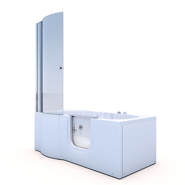 Innenansicht einer weißen Duschkabine mit Massagedüsen, integriertem Sitz, dunklen Rückwänden und einer strukturierten Duschwanne.