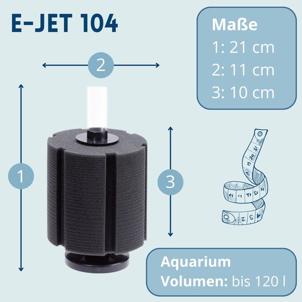 E-Jet 104 Innenfilter für Aquarien bis 120 Liter mit Maßangaben