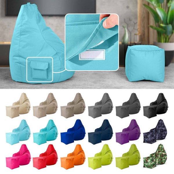 Green Bean 2er Set Sitzsack + Hocker - fertig befüllt - robust waschbar schmutzabweisend - Kinder & Erwachsene Bean Bag Bodenkissen Lounge Sitzhocker Relax-Sessel Gamer Gamingstuhl Pouf - Aquamarin
