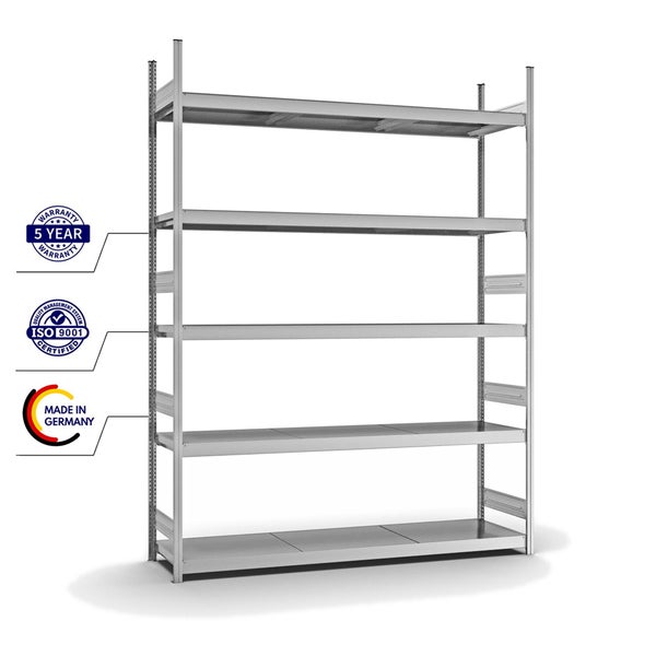 PROREGAL Weitspannregal Stecksystem T-Profil Grundregal HxBxT 300x225x50 cm 5 Ebenen Stahlplatten Fachboden Fachlast 350 kg Verzinkt