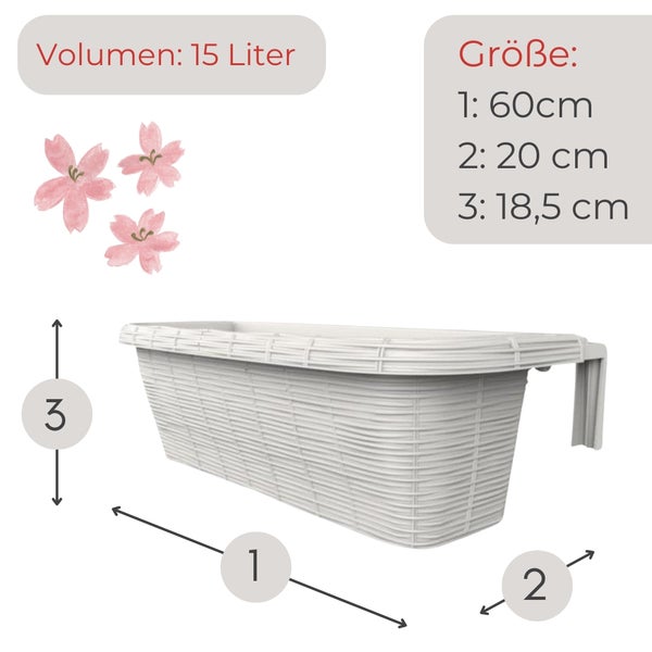 Abbildung eines Blumenkastens mit den Maßen: Volumen 15 Liter, Länge 60 Zentimeter, Breite 20 Zentimeter, Höhe 18,5 Zentimeter