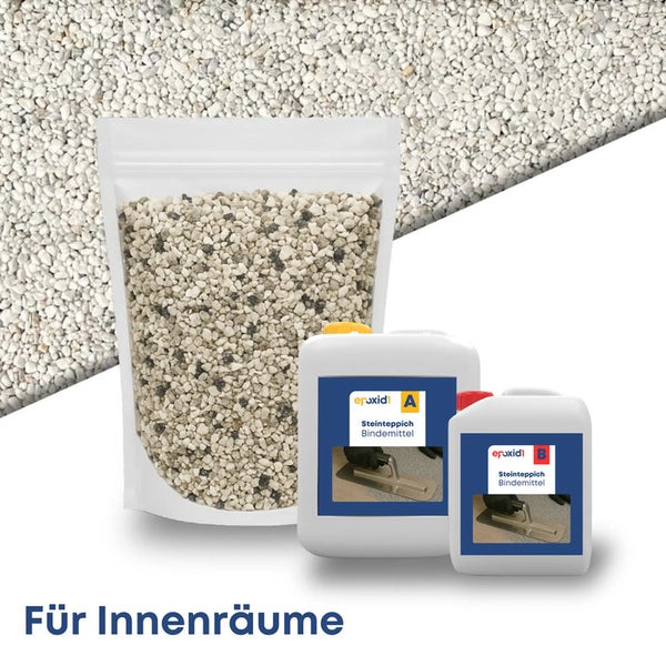 Steinteppich-Set für Innenräume mit einem Beutel Kieselsteinen und zwei Kanistern Bindemittel.