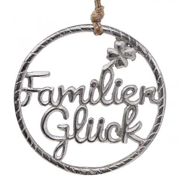 Dekorativer Anhänger mit der Aufschrift Familienglück und einem Kleeblatt