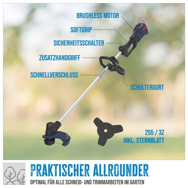 Akku-Rasentrimmer mit bürstenlosem Motor, Softgriff, Sicherheitsschalter, Zusatzhandgriff, Schnellverschluss und inklusive Sternblatt.