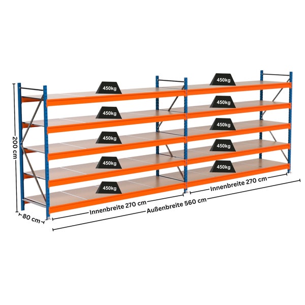 Regalsystem mit fünf Ebenen und den Maßangaben 200 cm Höhe, 80 cm Tiefe, 270 cm Innenbreite und 560 cm Außenbreite, Belastbarkeit 450 kg pro Ebene