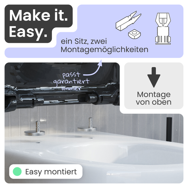 Illustration eines Toilettensitzes mit zwei Montagemöglichkeiten für eine einfache Installation