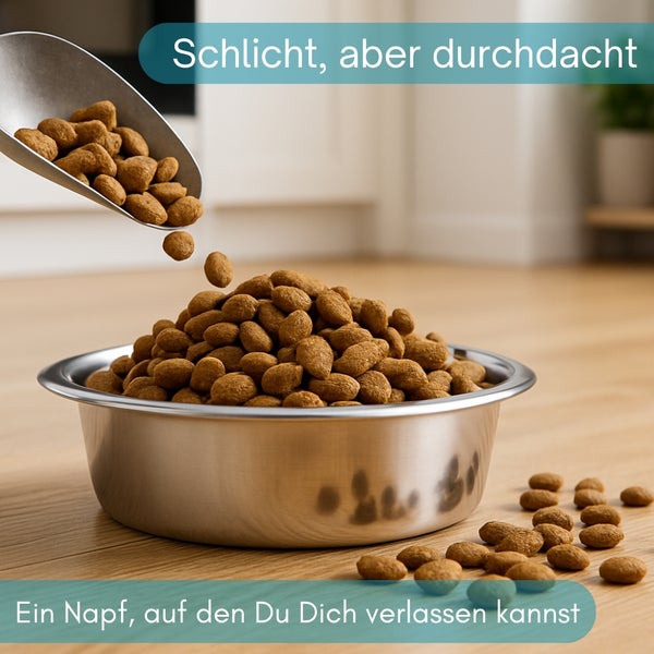 Edelstahlnapf gefüllt mit Hundefutter