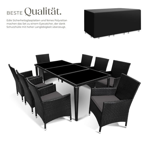 Gartenmöbel-Set aus Polyrattan mit Tisch, acht Stühlen, Sitzkissen und passender Schutzhülle. Tischplatte aus Sicherheitsglas.