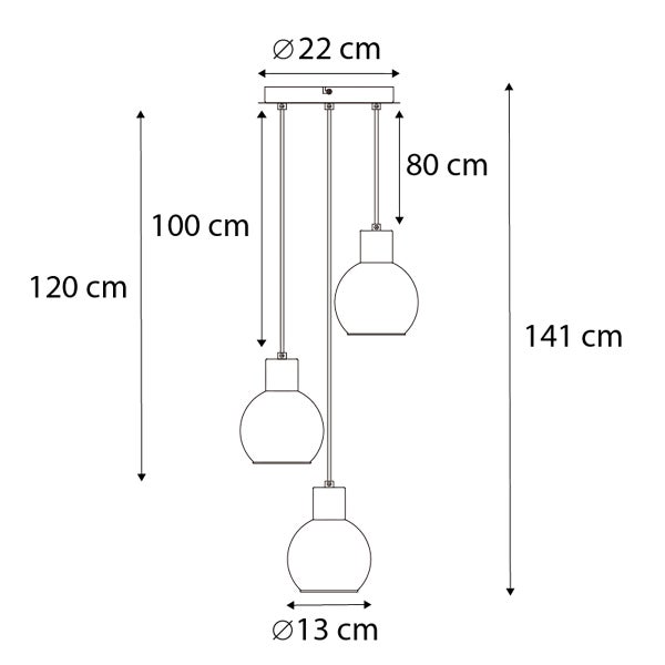 Technische Zeichnung einer Pendelleuchte mit drei Lampen und Maßangaben