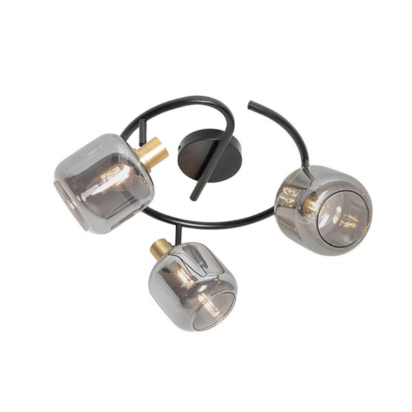 3-flammige Deckenleuchte mit schwarzem, geschwungenem Metallgestell und rauchgrauen Glasschirmen mit goldfarbenen Akzenten.