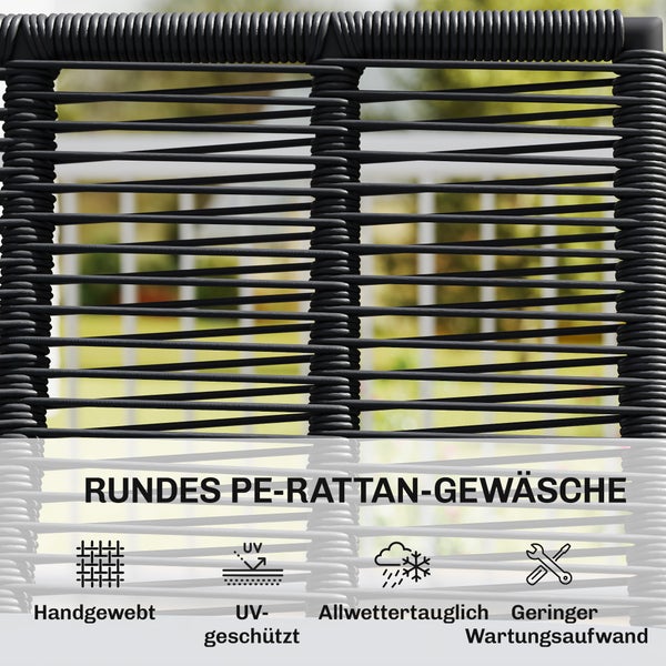 Nahaufnahme von rundem PE-Rattan-Geflecht mit Symbolen für handgewebt, UV-geschützt, allwettertauglich und pflegeleicht.