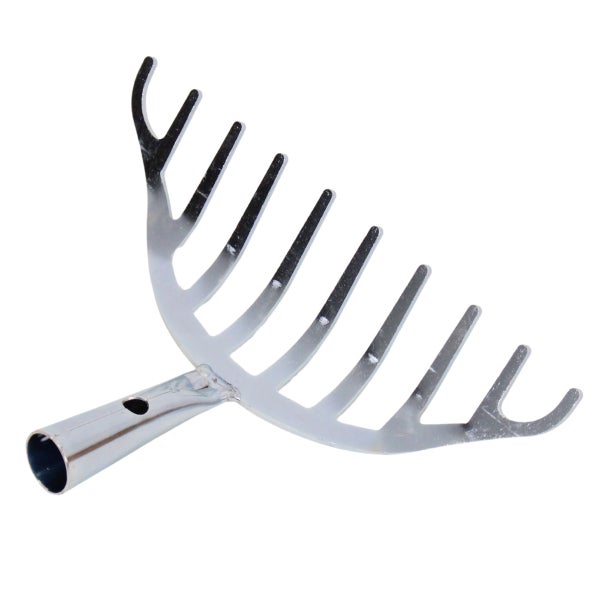 Gartenrechen aus Metall mit zehn Zinken und einer Stielaufnahme.