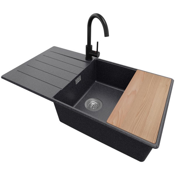 PRIMAGRAN Granitspüle Anthrazit 90x50cm, Spülbecken 1 Becken + Küchenarmatur 32x20cm + Ablauf-Set + Schneidebrett, Küchenspüle ab 60er Unterschrank - Kopenhagen