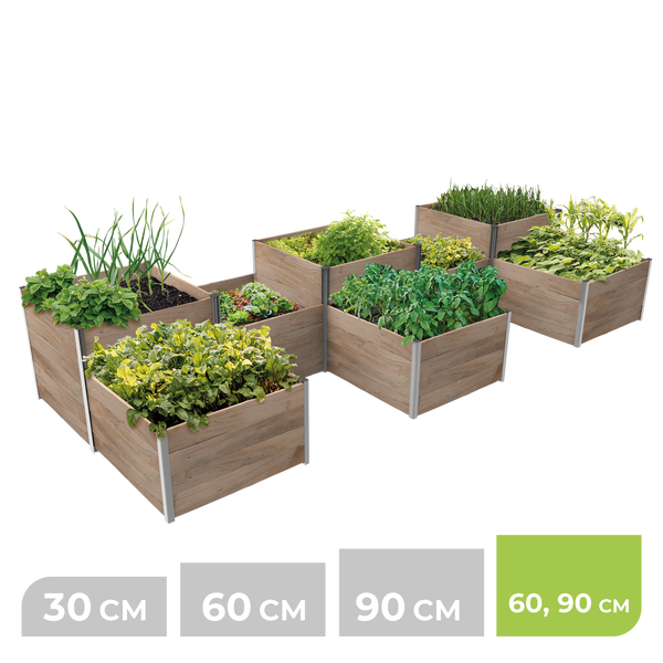 Modulares Hochbeet-System aus Holz mit Metallecken in verschiedenen Höhen, bepflanzt mit Gemüse. Maße 60 und 90 Zentimeter.