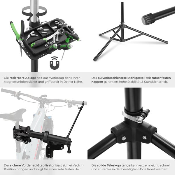 Fahrradmontageständer tectake Tristan inklusive Vorderrad-Stabilisator und magnetischer Werkzeugablage Belastbarkeit 50 kg, klappbar mit Schnellverschlüssen schwarz