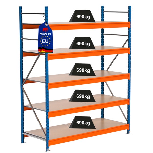Lagerregal mit fünf Regalböden und einer Traglast von 690 Kilogramm pro Regalboden